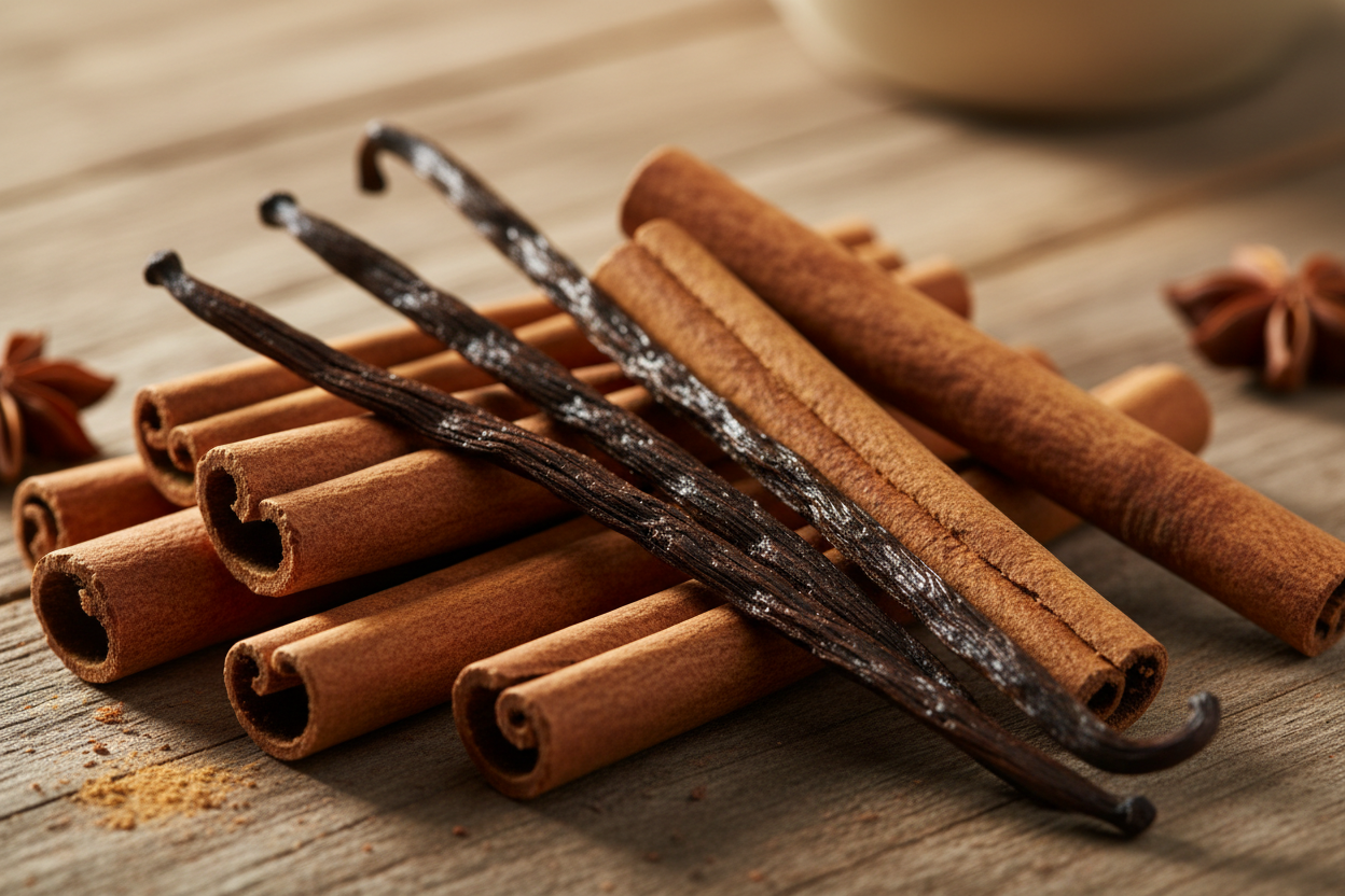 cinnamon sticks and vanilla beans